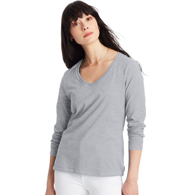 Hanes T-Shirt en Coton à Manches Longues Col en V pour Femmes, TP, Acier Clair