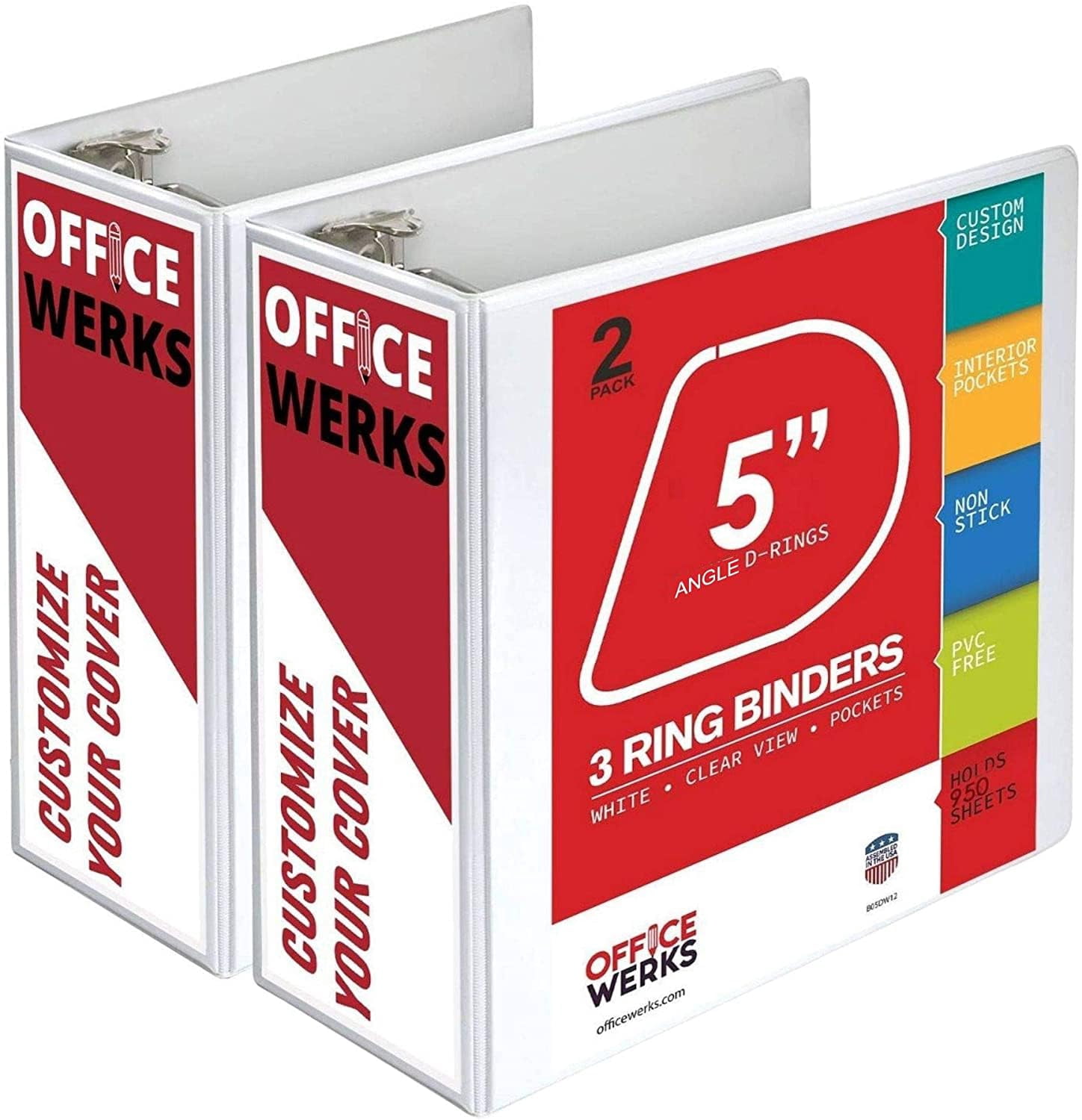 2 Pack of 5 Inch 3 Ring Binder with Locking Angle D Rings, Professional Heavy Duty Large Storage Binder with Pockets, Fits 8.5 x 11 Inch Sheets, Non-