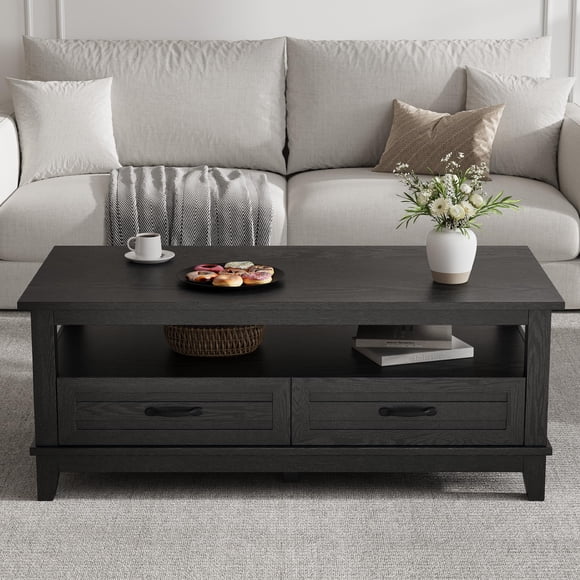Table Basse Ronde Moderne Industrielle de 36 Pouces, Dessus à Grain de Bois avec Pieds en Métal Robustes, Pieds Ajustables et Assemblage Facile pour Salon, Noir, Naturel, Gris, Brun