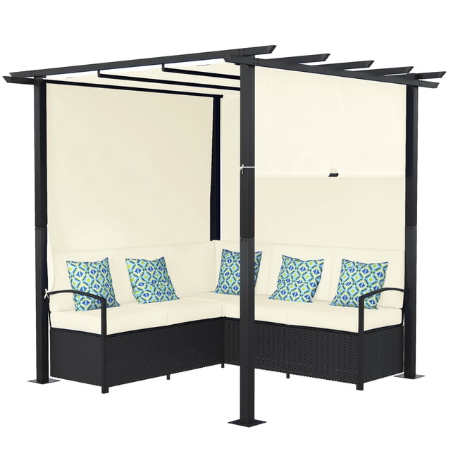 Outsunny Patio Furniture w/ Retractable Canopy Pergola Sofa Set, Beige
