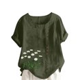 thumbnail image 1 of Pisexur Hauts pour Femmes Décontractés en Lin Col Rond Grande Taille Imprimé Manches Courtes T-shirt Blouse, Hauts d'Été pour Femmes Vert Armée, TG, 1 of 2