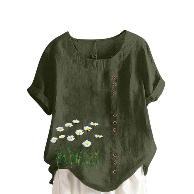 Pisexur Hauts pour Femmes Décontractés en Lin Col Rond Grande Taille Imprimé Manches Courtes T-shirt Blouse, Hauts d'Été pour Femmes Vert Armée, TG