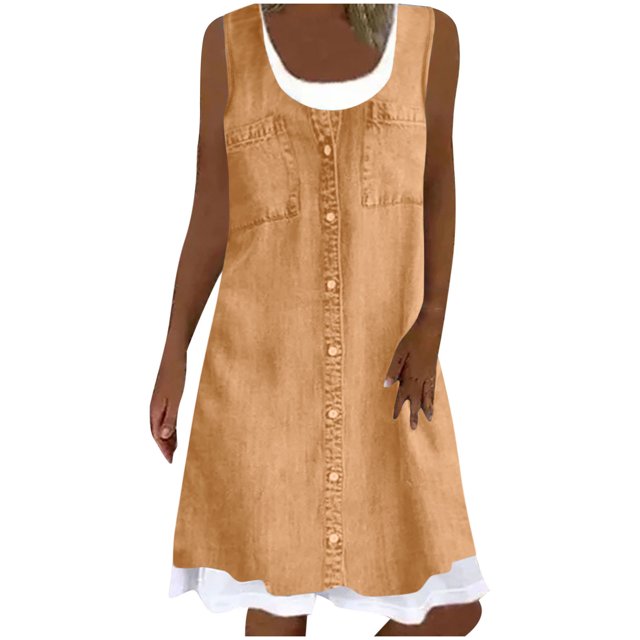 FAIWAD Robe Boutonnée pour Femmes Col Ras du Cou Sans Manches Robe Trapèze Filles Été Décontractée Ample Midi Robe d'Été
