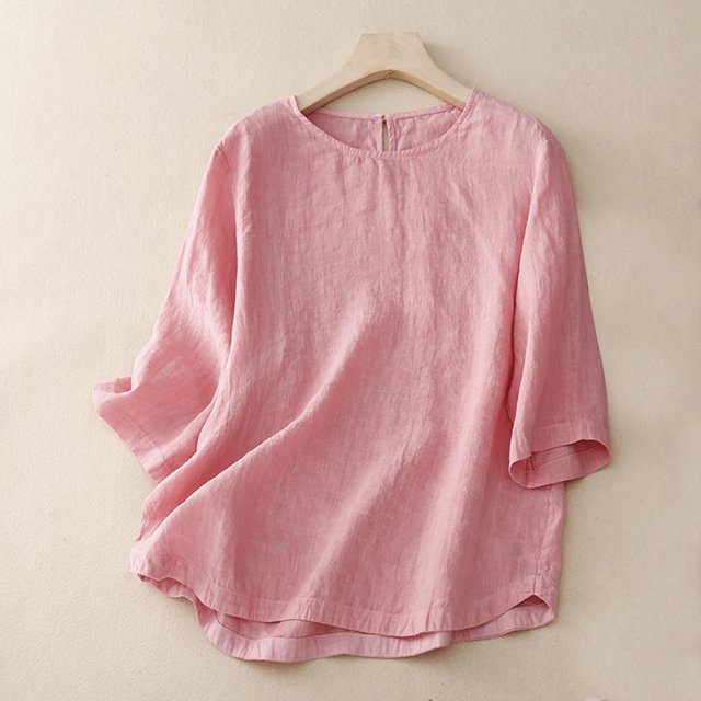 Meichang Chemises en Lin pour Femmes Été Rétro Manches 3/4 Hauts pour Femmes T-Shirts Basiques Coupe Ample Col Rond T-Shirts Vintage Blouses Grande Taille