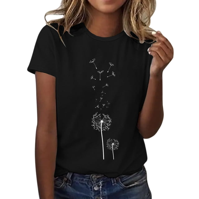 T-shirts à Motif Imprimé Pissenlit pour Femmes en Spandex à Col Rond à Manches Courtes T-Shirts pour Femmes T-Shirt Haut