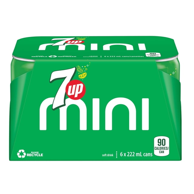 7UP Boisson Gazeuse Citron-Lime, Lot de 6 mini Canettes de 222 ml dans un Emballage Vert avec le logo 7UP et des Graphiques Citron-Lime, soda Sans Caféine avec 90 calories par Canette, Idéal pour Partager Ou Savourer sur le Pouce.