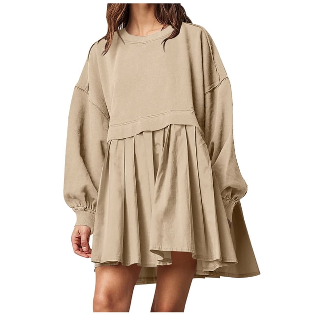 Pisexur Robe Chandail Surdimensionnée pour Femmes, Col Rond, Manches Longues, Patchwork, Robe d'Automne, Chandail à Enfiler, Hauts Amples et Fluides, Robe Chandail, Mini-Robe