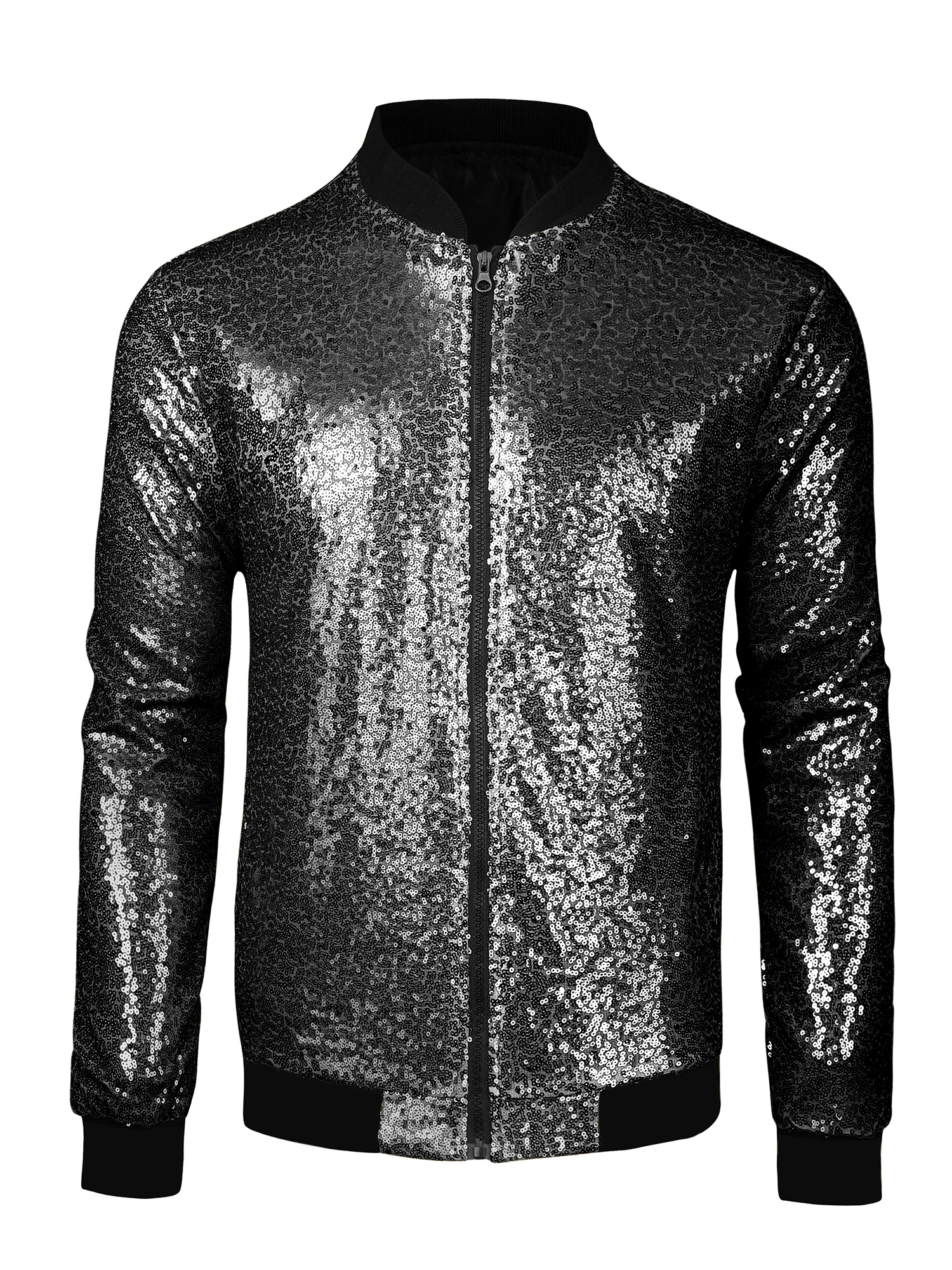 INSPIRE CHIC Blouson Bomber à Paillettes à Fermeture Éclair à Manches Longues pour Homme Noir P
