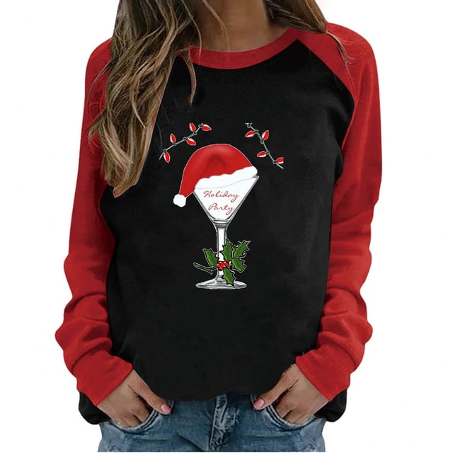 T-shirt Décontracté à Manches Longues Imprimé Patchwork de Noël pour Femmes