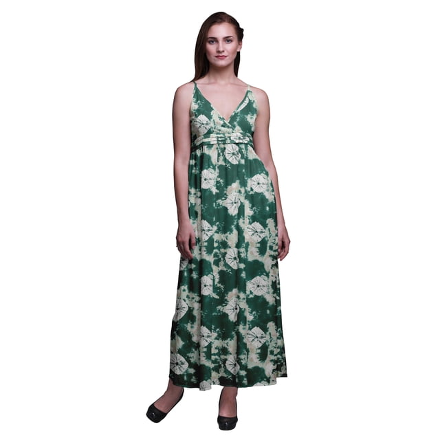 Bimba Robe Longue Maxi d'Été pour Femmes Teinture sur Nœuds Imprimée à Col en V Tenue de Villégiature de Vacances-TP