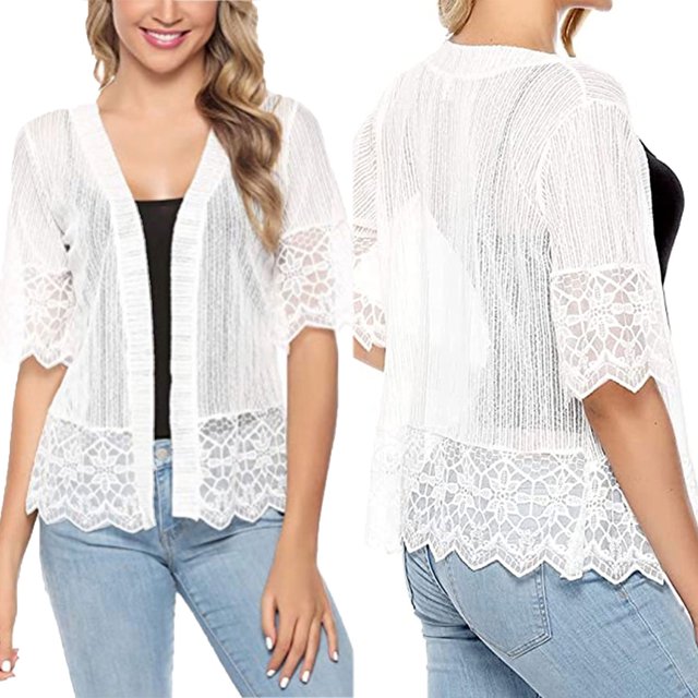 Wangscanis Boléro Ouvert pour Femmes, Cache-Cœur Transparent à Manches Courtes en Dentelle Patchwork