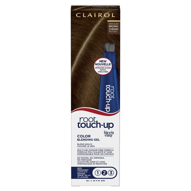 Clairol Root Touch-Up Gel Colorant Temporaire pour Cheveux, Teinte Brun Moyen, Présenté sur l'Emballage avec un tube Bleu Doté d'Une Brosse Applicatrice Intégrée, Gel semi-permanent Estompeur de Couleur Sans Ammoniaque Ni Peroxyde Qui Couvre les Gris et Dure de 4 à 10 Lavages, Idéal pour Rafraîchir les Racines et la Ligne des Cheveux.