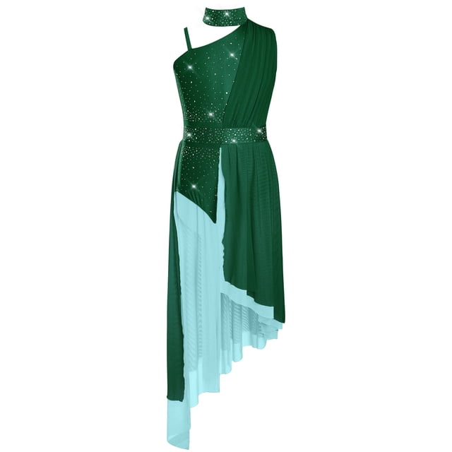 Jizyo Robe de Danse Lyrique Sans Manches pour Filles, Robe de Patinage Artistique Scintillante, Justaucorps de Ballet avec Jupe en Maille Transparente, Vert 6