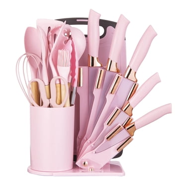 HEESEM Ensemble de 19 Pcs d'Ustensiles de Cuisine en Silicone et de Couteaux - Outils de Cuisson Résistants à la Chaleur, Antiadhésifs, Rose