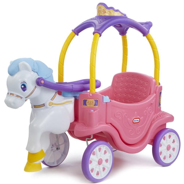 Little Tikes Princess Jouet à Pousser et à Tirer Cheval et Carrosse pour Tout-Petits de 1,5 à 5 Ans, Comprenant un Cheval Blanc avec une Crinière Bleue et des Sabots Jaunes, Carrosse Rose avec Auvent Violet et Jaune, Quatre Roues Violettes et Blanches avec des Découpes en Forme de Cœur, une Porte de Conducteur Qui s'Ouvre et des Porte-Gobelets, Conçu pour Encourager le Jeu Actif et le Développement des Habiletés Motrices.