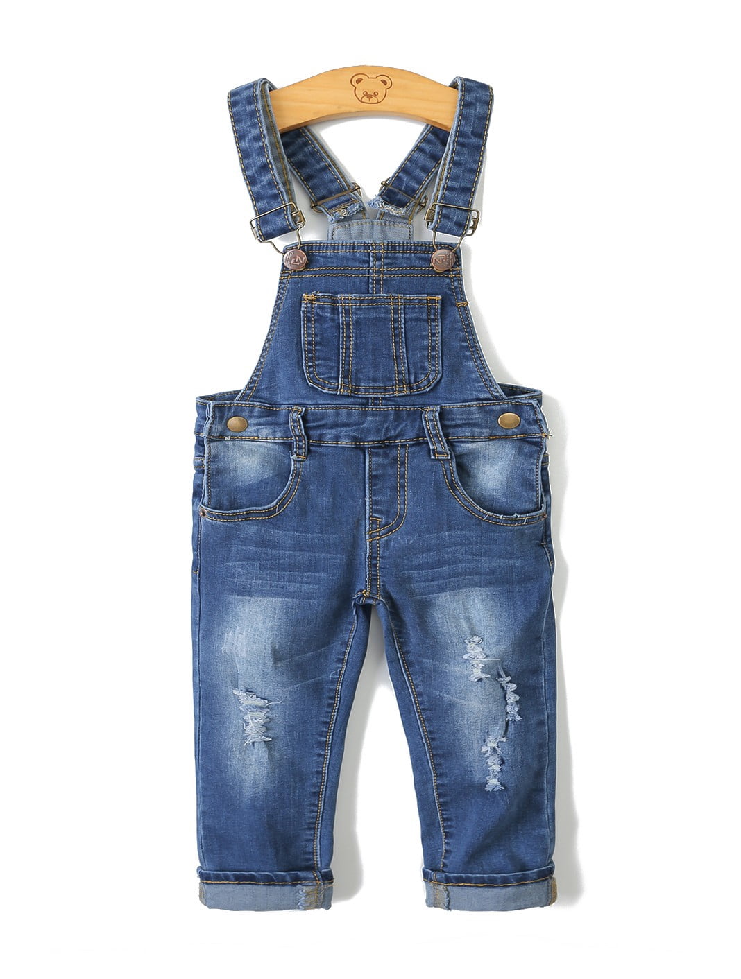 KIDSCOOL SPACE Salopette en Jean Mignonne Coupe Ajustée Déchirée pour Petite Fille Garçon 6T