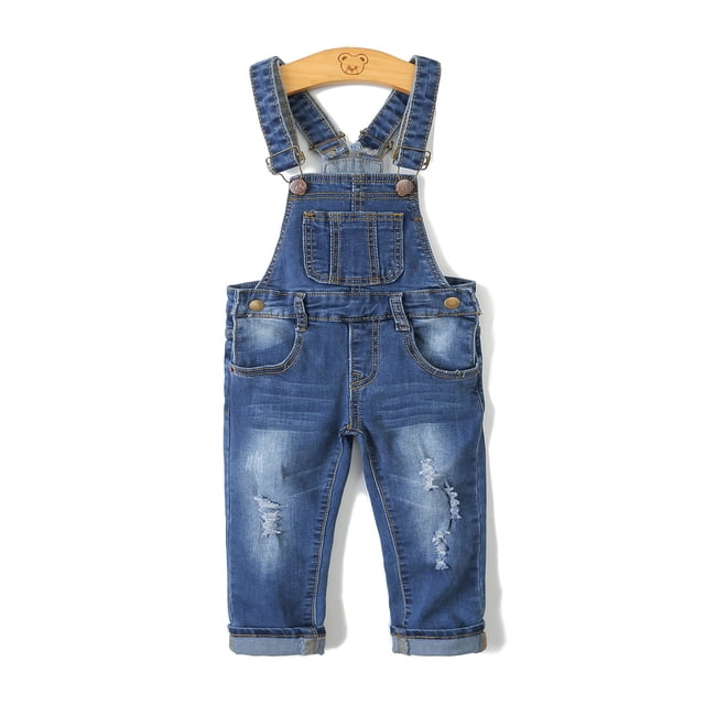 KIDSCOOL SPACE Little Girl Boy Ripped Denim Cute Slim Pants Jean Overalls 8T