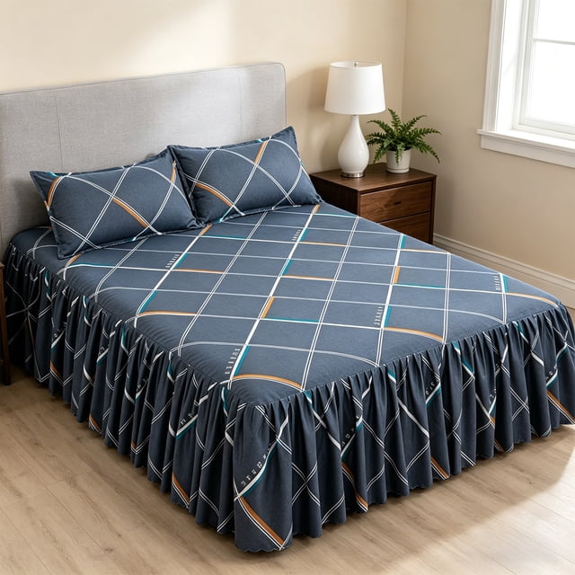 Ensemble Jupe de Lit Design à Volants Tissu Polyester Protection contre la Poussière Entretien Facile pour Déco de Chambre
