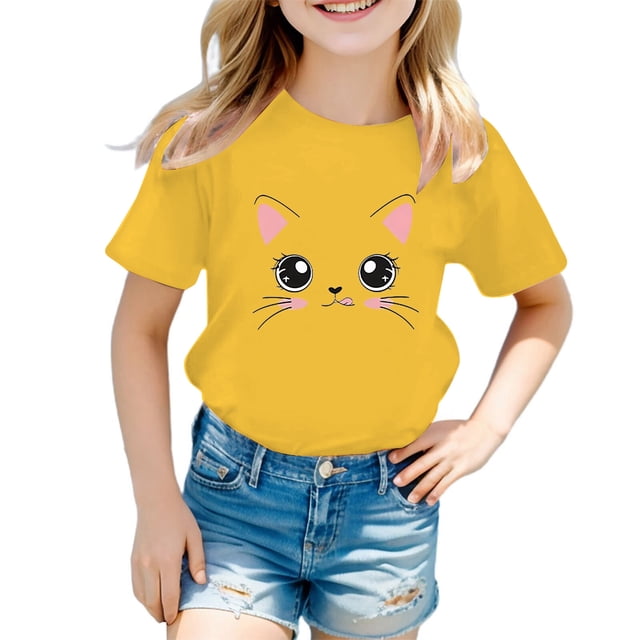 PMVFHDE Hauts Fille Hauts pour Fille 2025 Hauts d'Été Tendance Hauts Filles Hauts Fille Été Enfant Filles Mignon Graphique Col Rond Manches Courtes T-Shirt d'Été Décontracté T-Shirt Jaune, 3-4 Ans