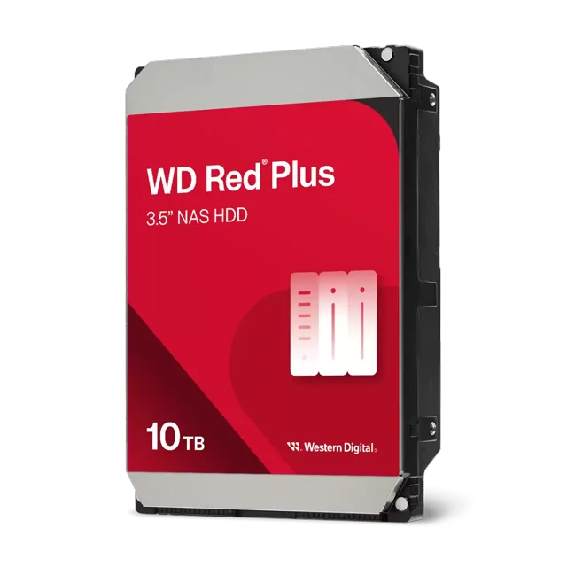 Western Digital 10TB WD Red Plus NAS SATA HDD, 3.5" Internal Hard Drive HDD, 7200 RPM, 512MB Cache, CMR - WD100EFGX centered front-facing studio view of a single 3.5-inch SATA NAS drive showing metal top cover, visible product label with WD logo and SATA connector; RAID-optimized for mid-sized NAS and often used for local backups or media libraries.