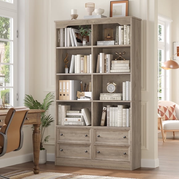 Homfa Double Row 6 Tier Bookcases, 71 in Tall Bookcase Bookshelf with 4 Drawers and 8 Display Cubicles, for Home Office Living Room, Grey