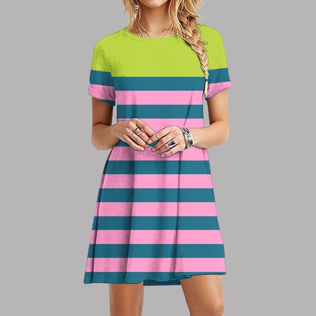 Ovzne Robes d'Été pour Femmes Robe de Plage Femmes Décontractée Imprimée à Manches Courtes Col Rond Robe pour Dames Robe de Vacances à Manches Courtes Imprimée Liquidation