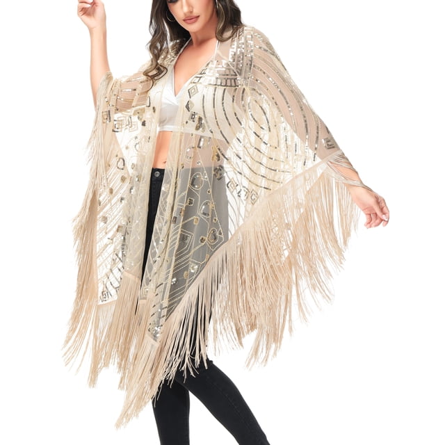 Womens Oversize Hand Beaded Fringed Sequin Evening Shawl Wrap