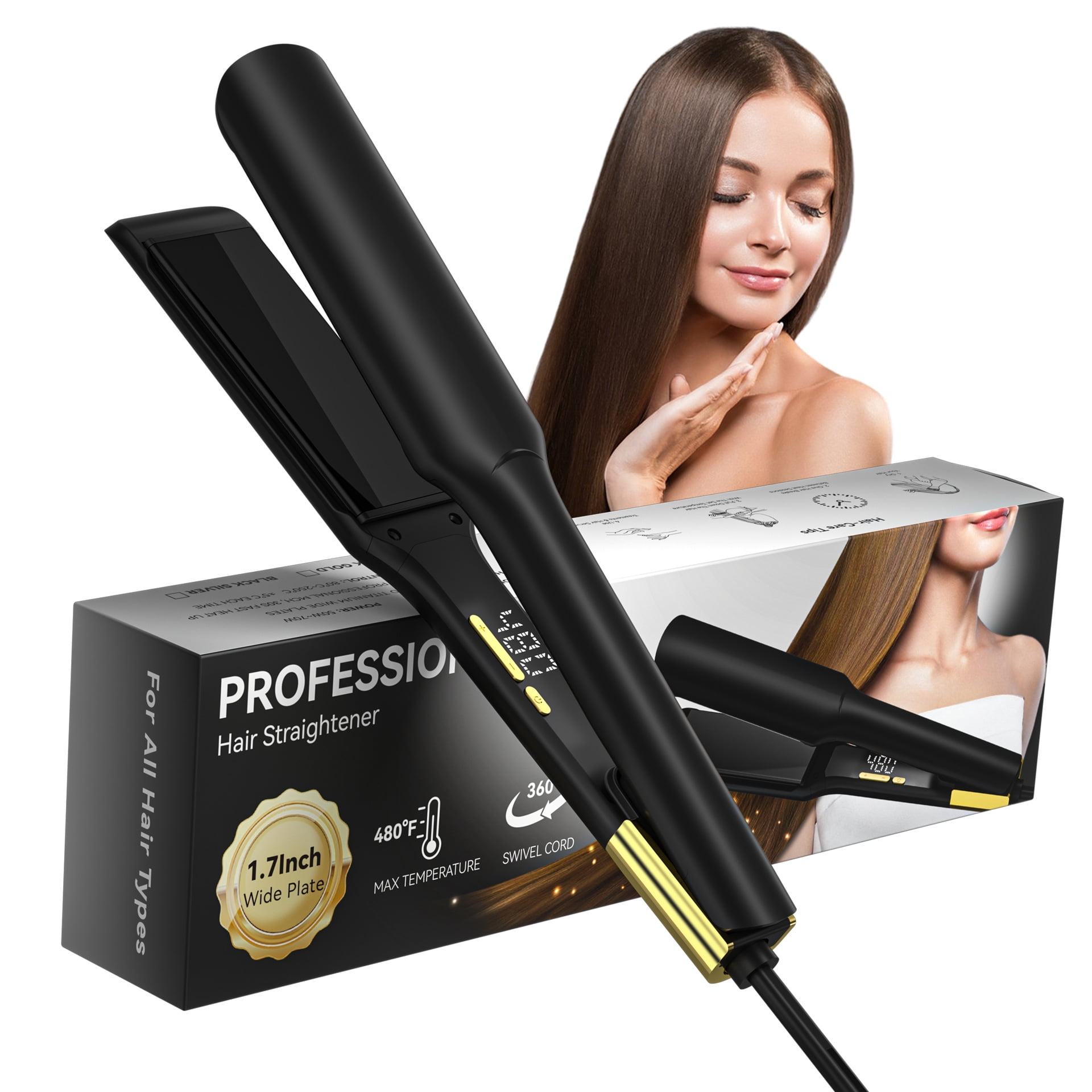 Professional Wide Plate Hair Straightener, 1.7 Inch Titanium Flat Iron with Ionic Technology, Adjustable High Heat (170-480°F) for Fast, Frizz-Free Styling on Long & Thick Hair