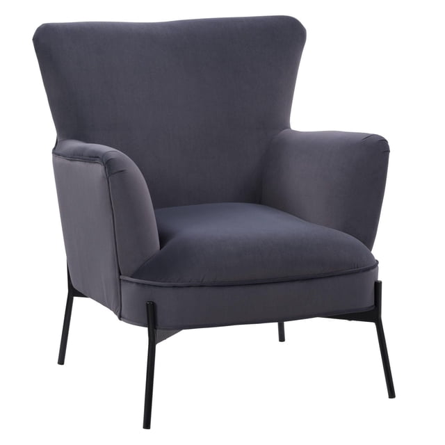 CorLiving Eliana Modern Wide Velvet Upholstered Indoor Wingback Accent Chair in grey with a wide wingback silhouette, plush velvet fabric, padded seat and back cushions, and slender black metal legs, suitable for living room, bedroom, or office seating.