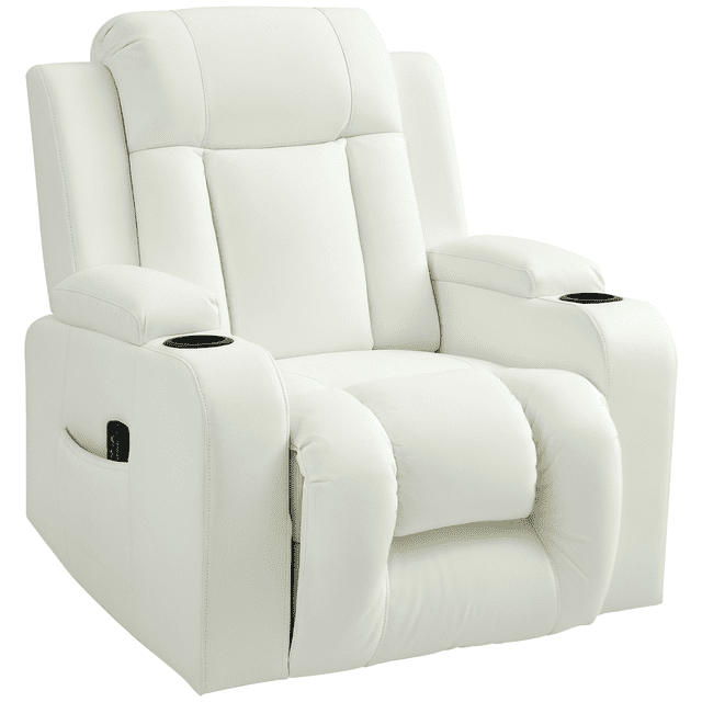 HOMCOM Fauteuil de Massage par Vibration à 8 points Recliner pour Salon en Cuir PU Blanc Crème. Comprend Huit points de Vibration Ciblant le Dos, la Taille, les Cuisses et les Jambes, une Inclinaison Manuelle jusqu'à 145° avec un Repose-Pieds Rétractable, et un Siège Pivotant et Berçant à 360°. Comprend Deux Porte-Gobelets, Deux Poches Latérales et une Télécommande pour le Contrôle du Massage. Rembourré en Cuir PU Facile à Nettoyer et Soutenu par un Cadre en Acier Robuste. Dimensions : 35,8 Pouces de Large, 38,2 Pouces de Profondeur et 39,4 Pouces