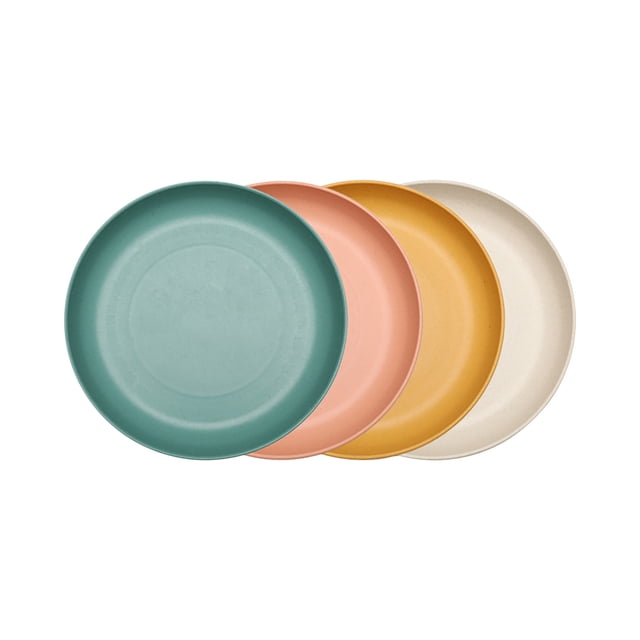 Plastic dinner plates set of 4 made from durable Whea-t straw material, featuring 8.9-inch round plates in multicolour shades of green, yellow, beige, and pink. Designed with space-saving stackable edges, these sturdy plates are microwave and dishwasher safe, ideal for everyday use, picnics, and parties.