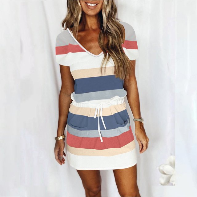 CHUANK Robes d'Été pour Femmes Décontractées Robes d'Été Sans Manches Rayées à Lacets avec Cordon de Serrage Robe à Col en V avec Cordon de Serrage Robe de Soleil