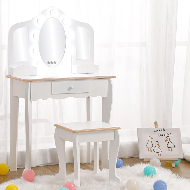 Bingirl Vanity with Lighted Mirror: Little Girls' Vanity Table and Stool with Tri - Fold Mirror, Drawer, and Storage Grid (For 3 - 9 Years Old Girls, White)