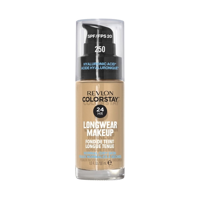 Revlon ColorStay Maquillage Longue Tenue pour Peau Normale/sèche Teinte 250, Fond de Teint Liquide 30 ml avec FPS 20 et Acide Hyaluronique, Offrant une Hydratation de 24 Heures, Résistant au Transfert, Résistant à l'Eau à Porter dans une Bouteille à Pompe Transparente, Idéal pour les conditions Humides Canadiennes.