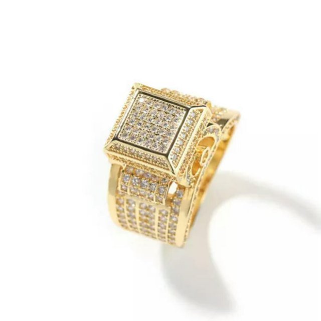 CUITING Hip Hop Full 5A Zircon Square Casting Rings 18K Real Gold Plated Delicate Jewelry for Men-Gold-7