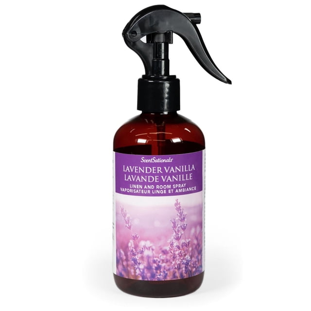 ScentSationals Room Spray - Lavender Vanilla in a brown plastic bottle with black trigger spray top and purple label showing lavender fields. This essential oil-infused linen and room spray enhances home fragrance and aromatherapy for a calming, spa-like atmosphere.