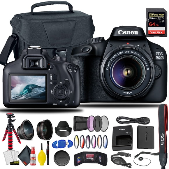 Canon EOS 4000D / Rebel T100 Appareil Photo Reflex Numérique avec Objectif 18-55mm + Carte Sandisk Extreme Pro 64 Go + Filtres Créatifs + Sac pour Appareil EOS + Ensemble de Nettoyage 6AVE, + Plus (Modèle International)
