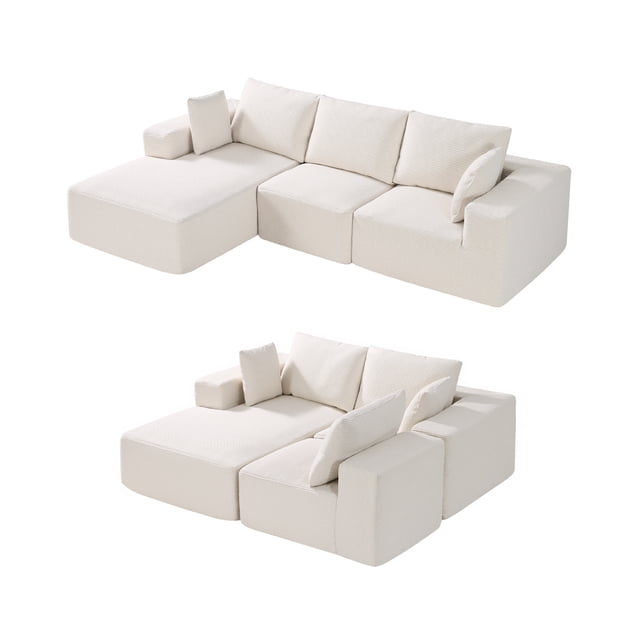 VEVOR Modular Sectional Sofa L Shaped Cloud Couch with Chaise and Cushion in beige. This customizable modular sofa features a soft corduroy fabric, high-elastic foam, and spring support for comfort and durability. It includes extra-wide 10.2-inch armrests, a 22.4-inch deep seat, and a chaise for lounging. The sofa has a weight capacity of 1200 lbs and requires no assembly. Shown in a neutral beige tone with a modern design.