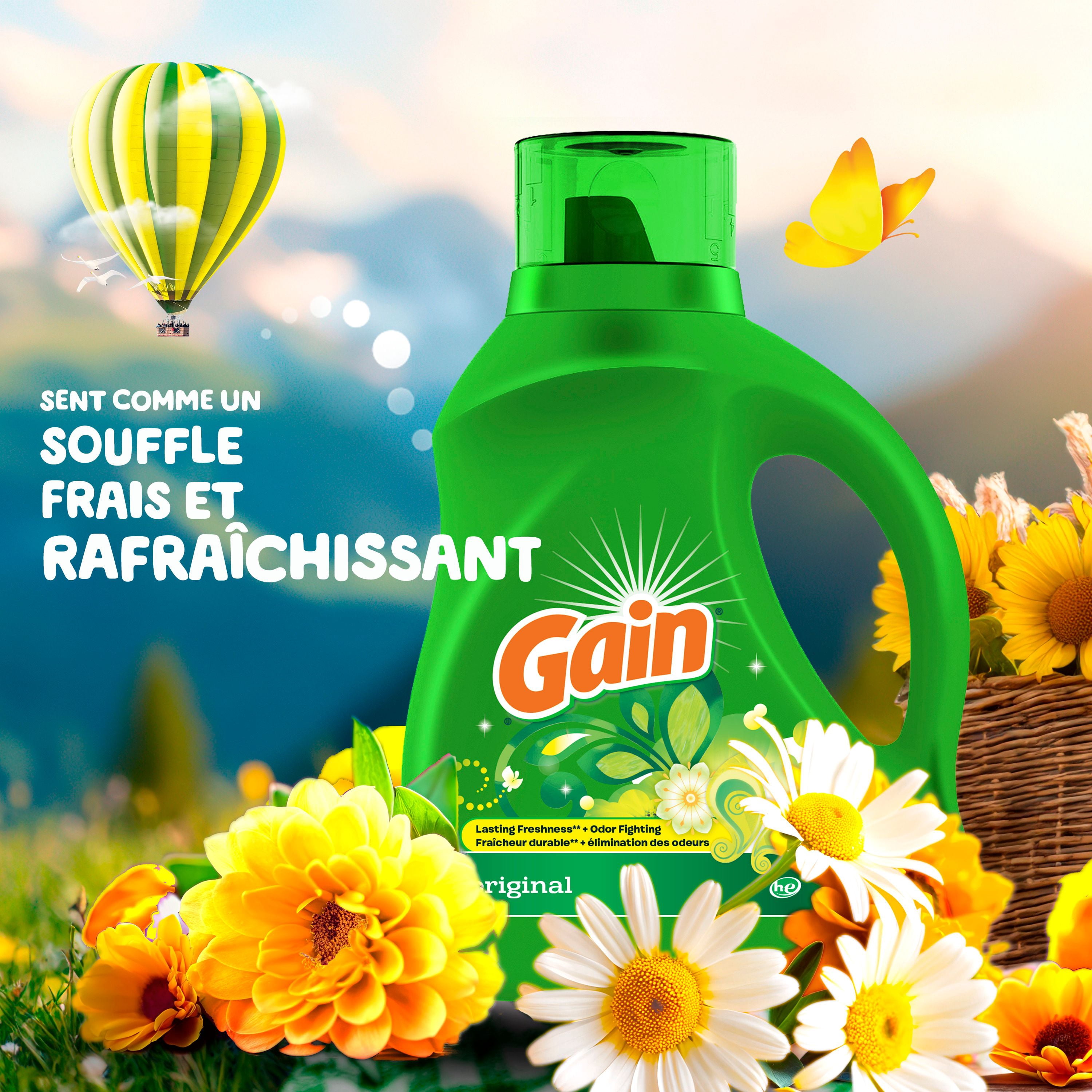 Détergent à lessive liquide Gain, parfum Original, 1,24 L, 32 brassées, fraîcheur + élimination des odeurs, savon nettoyant liquide haute efficacité pour laveuse