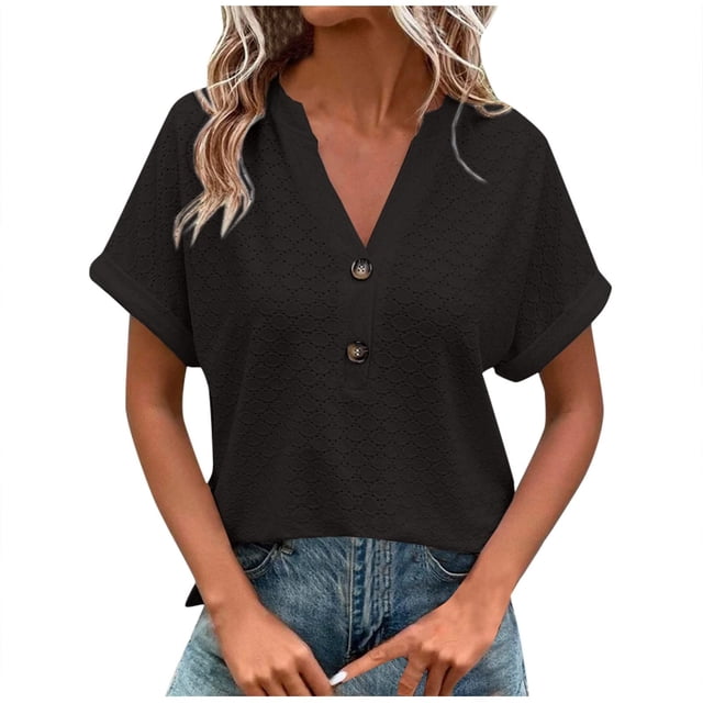 Dealovy Womesn Tops Summer Casual V Neck Buttons T-Shirts Short Sleeve Solid Color Loose Fitted Tees