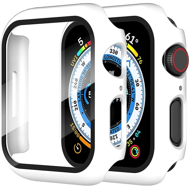 KOMI 2-Pack for Apple Watch Series 9/8/7/6/5/4/Series SE/SE 2 45mm All-around Screen Protector Case, Tempered Glass Screen Protector Case Ultra-thin for iWatch 45mm Protection Cover - White