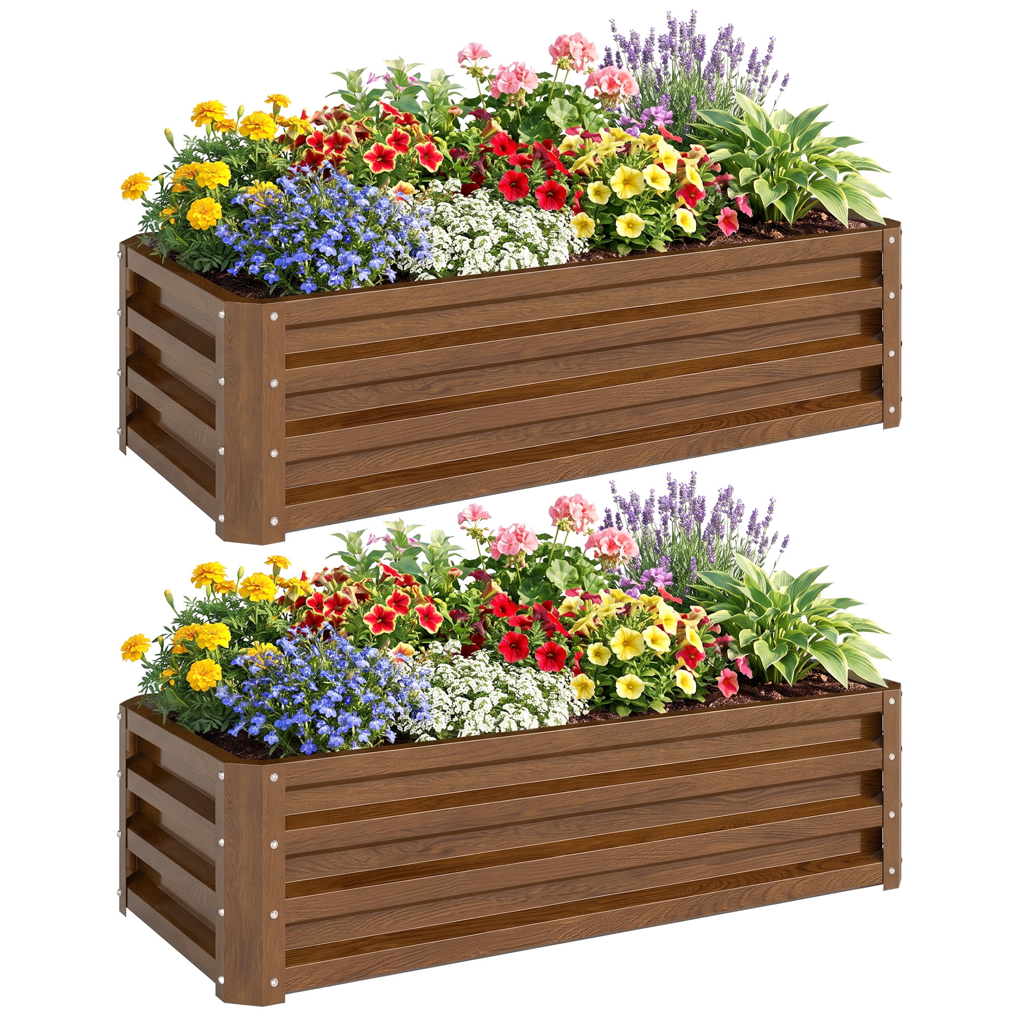 Outsunny Galvanized Raised Garden Beds Set of 2, Brown Wood Effect