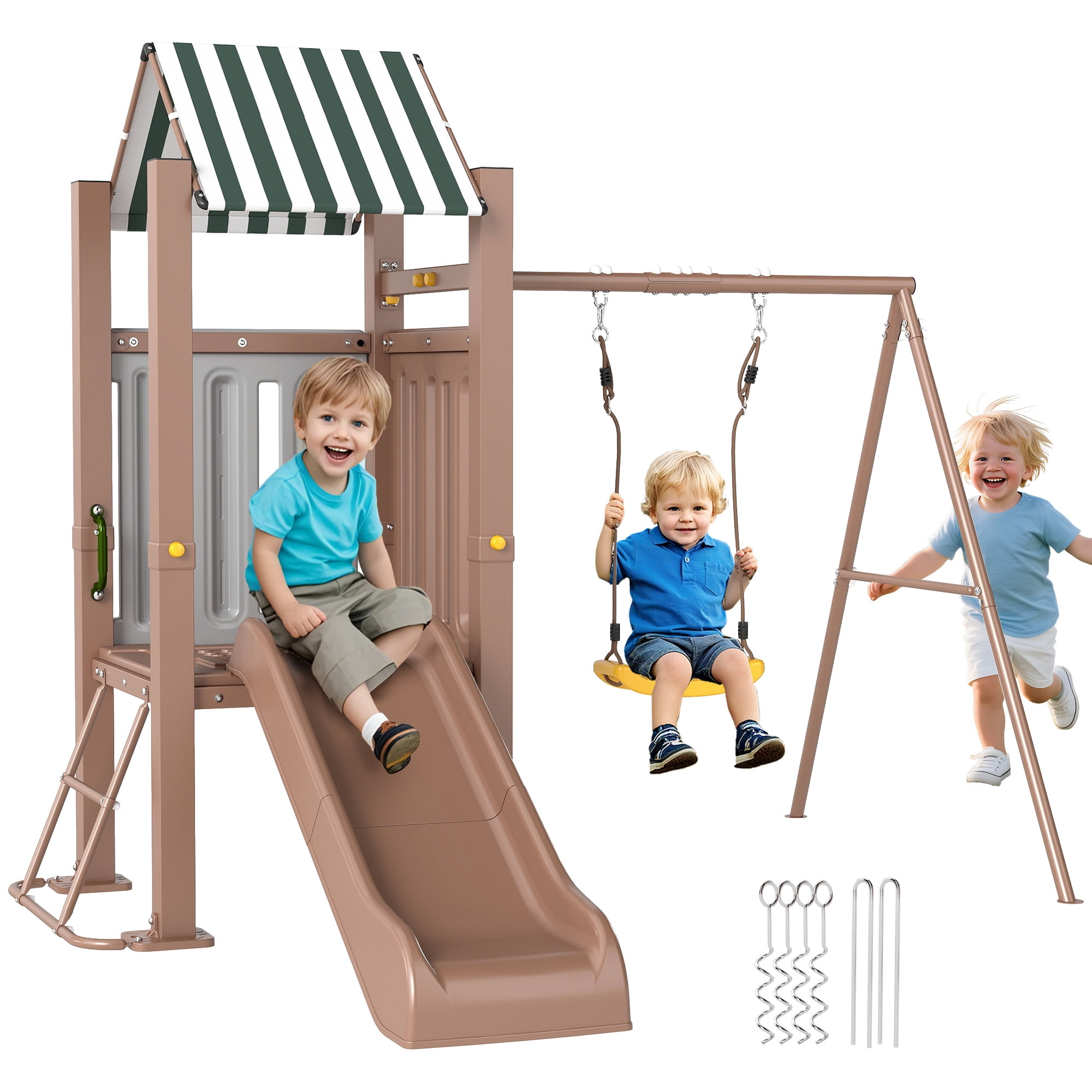 Qaba Kids Swing Set, Heavy-Duty Swing Set with Slide, Covered Fort, Ladder
