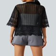 thumbnail image 3 of Women‘s See-through Smock Cardigan Short Sleeve Solid Color Lace Patchwork Shawl Sheer Bolero Cover Up Blouse, 3 of 6