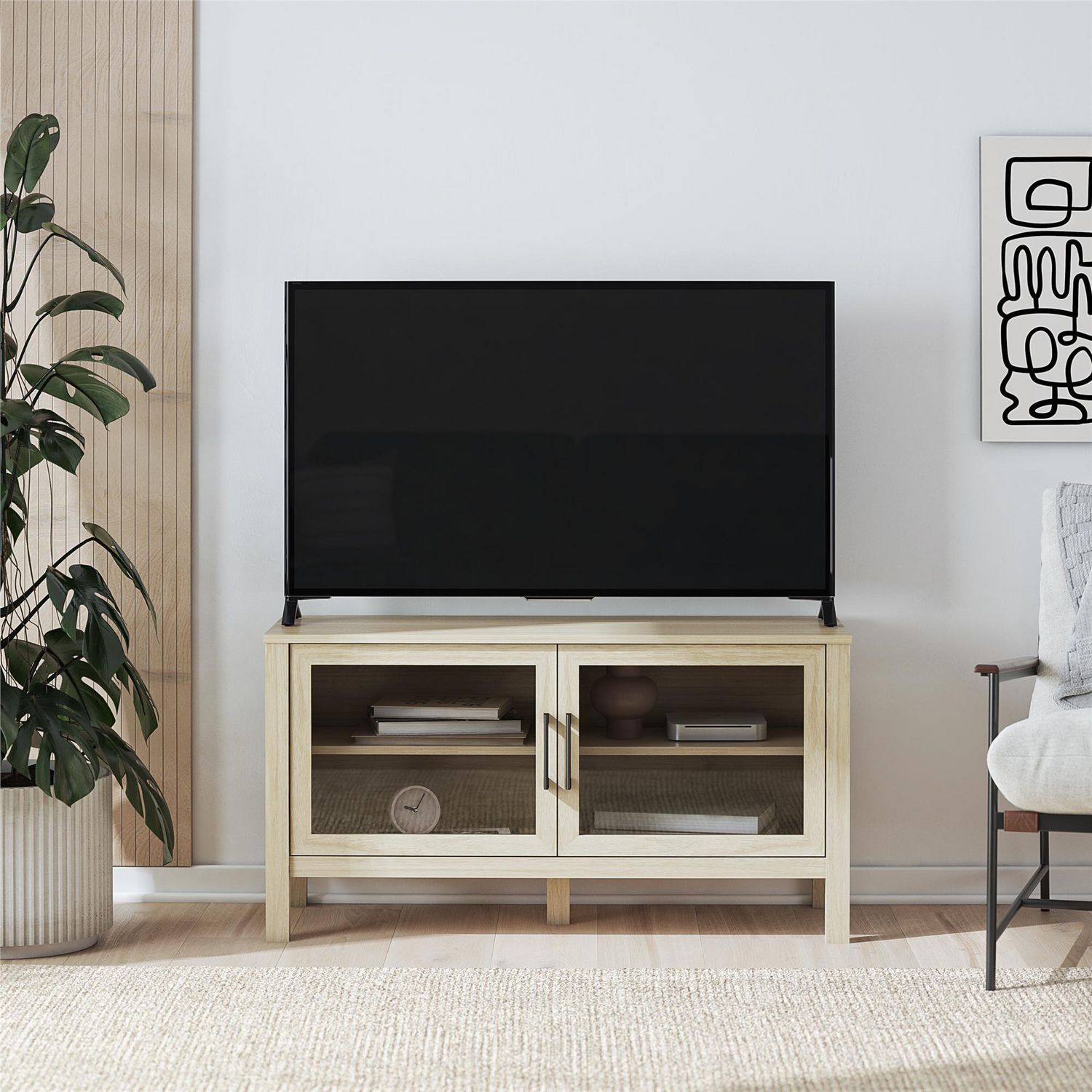 Meuble TV avec porte en verre Mainstays, pin printanier