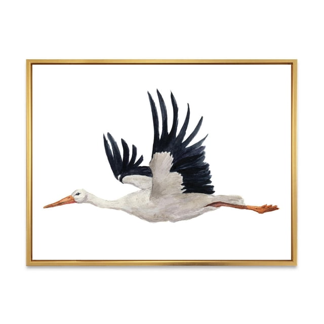 Designart Cigogne Blanche Volante Ciconia Oiseau Flottant Cadre Mural ART Représente un Profil Latéral d'Une Cigogne Blanche en Vol avec des Plumes d'Ailes Noires et un Bec et des Pattes orange, Imprimée sur une Toile de Coton de Qualité Supérieure Résistante à la Décoloration Tendue sur un sous-Cadre en Bois de 1 Po et Enveloppée dans un Cadre Flottant Doré, Enveloppée de Galerie avec un design s'Étendant sur les Côtés, Prête à Accrocher avec la Quincaillerie Incluse, Convient