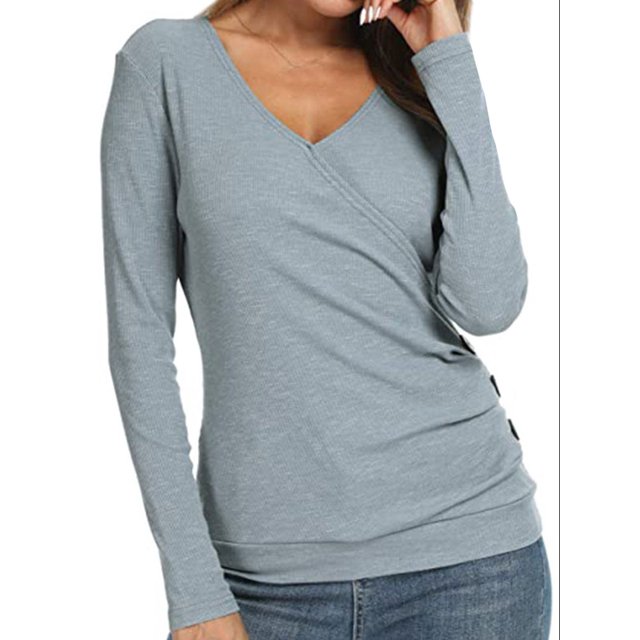 Women Wrap Front Side Buttons Long Sleeve V Neck Plain Shirt