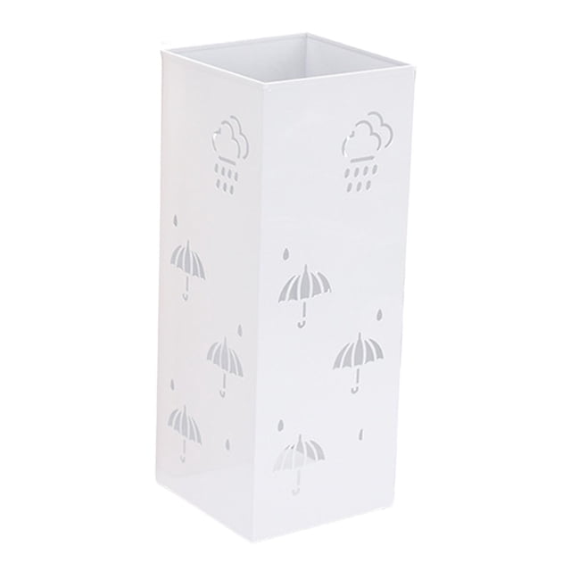 simhoa Metal Umbrella Stand Umbrella Rack Storage Bin in white, featuring a square design with a hollow pattern of umbrellas and raindrops for ventilation. Made of durable, rust-resistant metal with non-slip pads for stability. Measures 6.30 inches by 6.30 inches by 16.54 inches, suitable for storing umbrellas, walking sticks, and wrapping paper. Ideal for homes, offices, hotels, and other spaces.