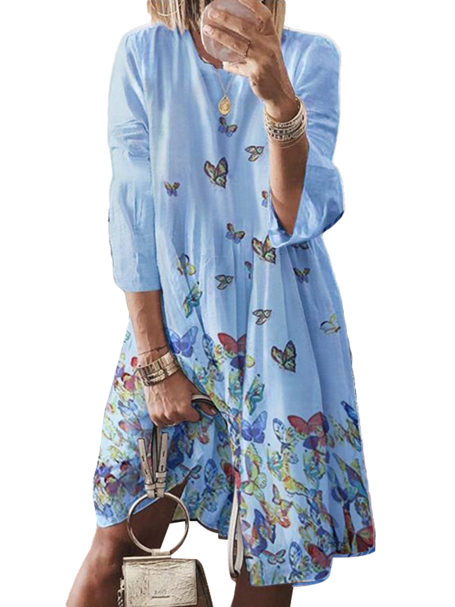 Robe Tunique Bohème en Coton et Lin pour Femmes Grande Taille, Manches 3/4, Robe Vintage Évasée, Décontractée, Ample, à Imprimé Floral, Robes T-shirt, Robe Midi à Col Rond pour Dames