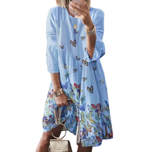 Robe Tunique Bohème en Coton et Lin pour Femmes Grande Taille, Manches 3/4, Robe Vintage Évasée, Décontractée, Ample, à Imprimé Floral, Robes T-shirt, Robe Midi à Col Rond pour Dames